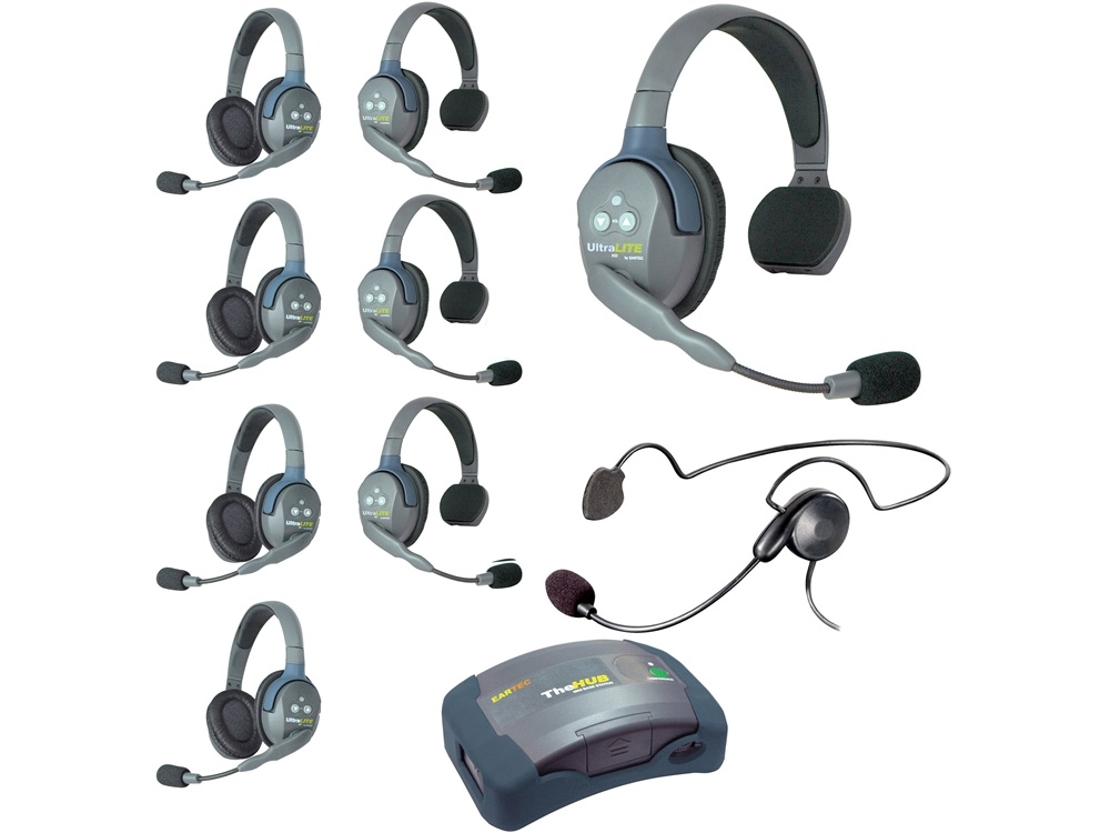 Eartec Ultralite Hub 9 Person System with 4 Single, 4 Double and 1 Plug-In Cyber Headset