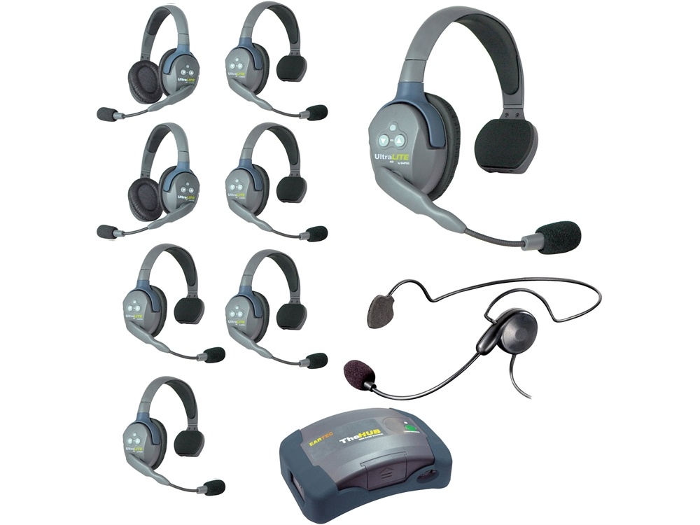 Eartec Ultralite Hub 9 Person System with 6 Single, 2 Double and 1 Plug-In Cyber Headset
