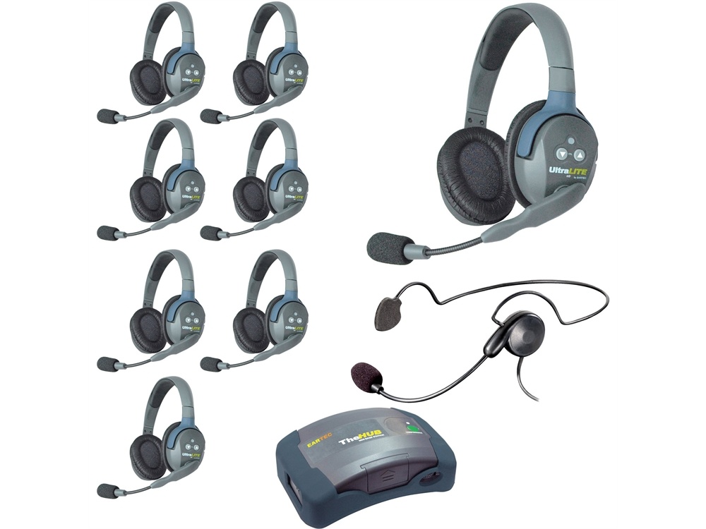 Eartec Ultralite Hub 9 Person System with 8 Double and 1 Plug-In Cyber Headset