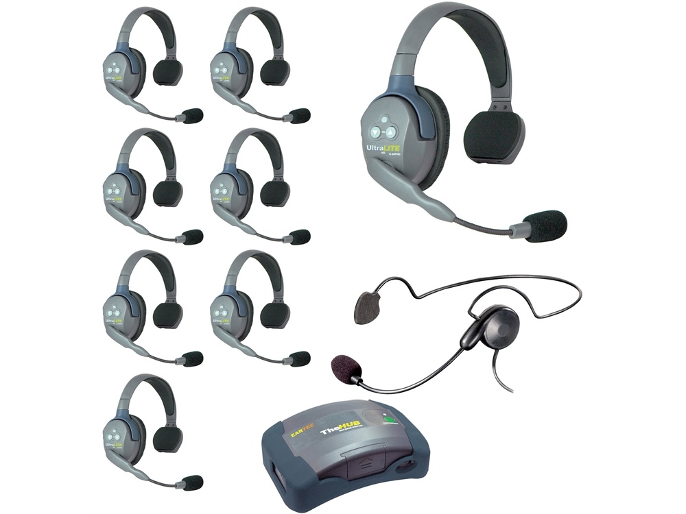 Eartec Ultralite Hub 9 Person System with 8 Single and 1 Plug-In Cyber Headset