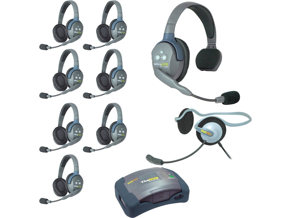 Eartec Ultralite Hub 9 Person System with 1 Single, 7 Double and 1 Monarch Headset