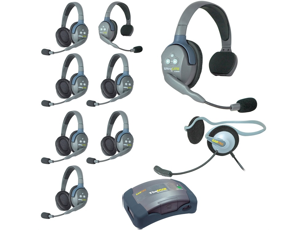 Eartec Ultralite Hub 9 Person System with 2 Single, 6 Double and 1 Monarch Headset