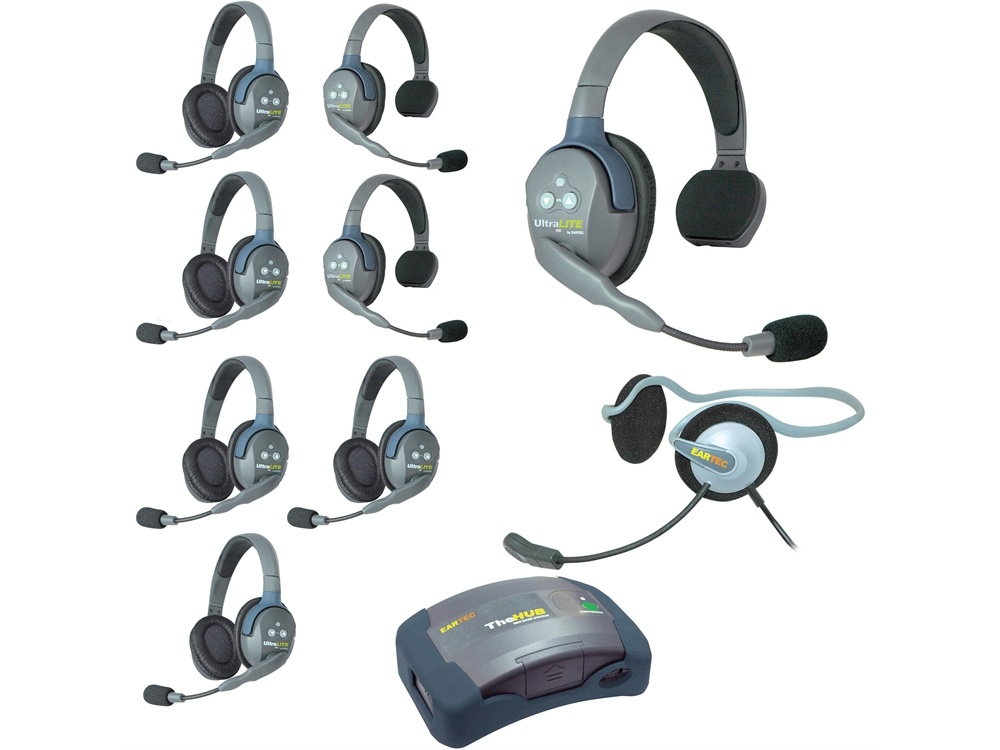 Eartec Ultralite Hub 9 Person System with 3 Single, 5 Double and 1 Monarch Headset