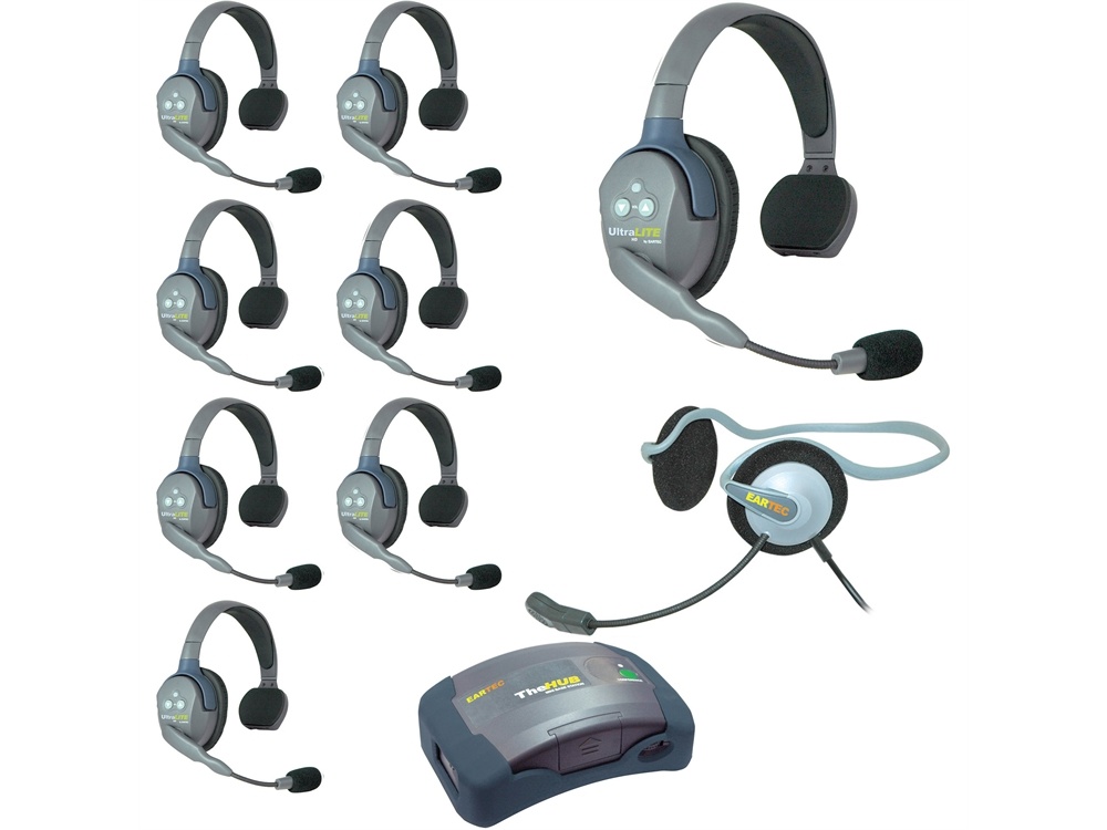 Eartec Ultralite Hub 9 Person System with 8 Single and 1 Monarch Headset