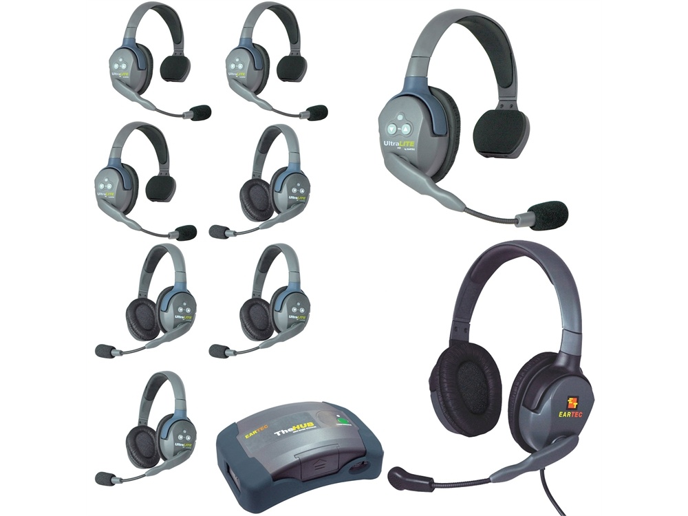 Eartec Ultralite Hub 9 Person System with 4 Single, 4 Double and 1 Max4G Double Headset
