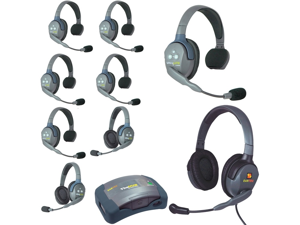 Eartec Ultralite Hub 9 Person System with 6 Single, 2 Double and 1 Max4G Double Headset