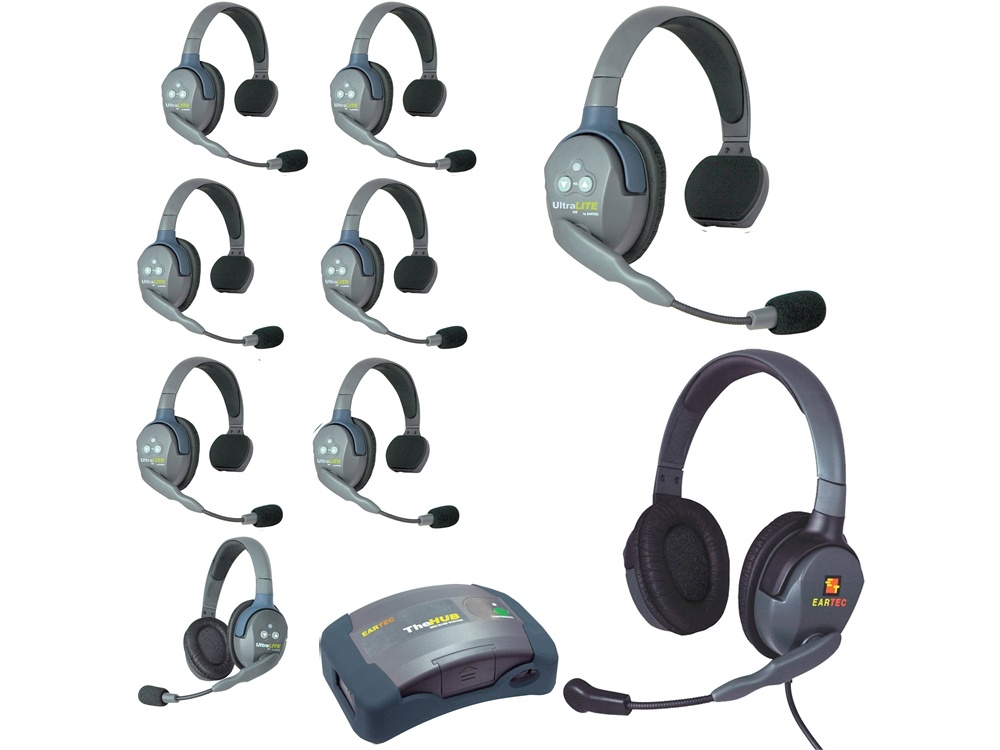 Eartec Ultralite Hub 9 Person System with 7 Single, 1 Double and 1 Max4G Double Headset