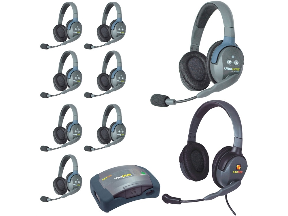Eartec Ultralite Hub 9 Person System with 8 Double and 1 Max4G Double Headset