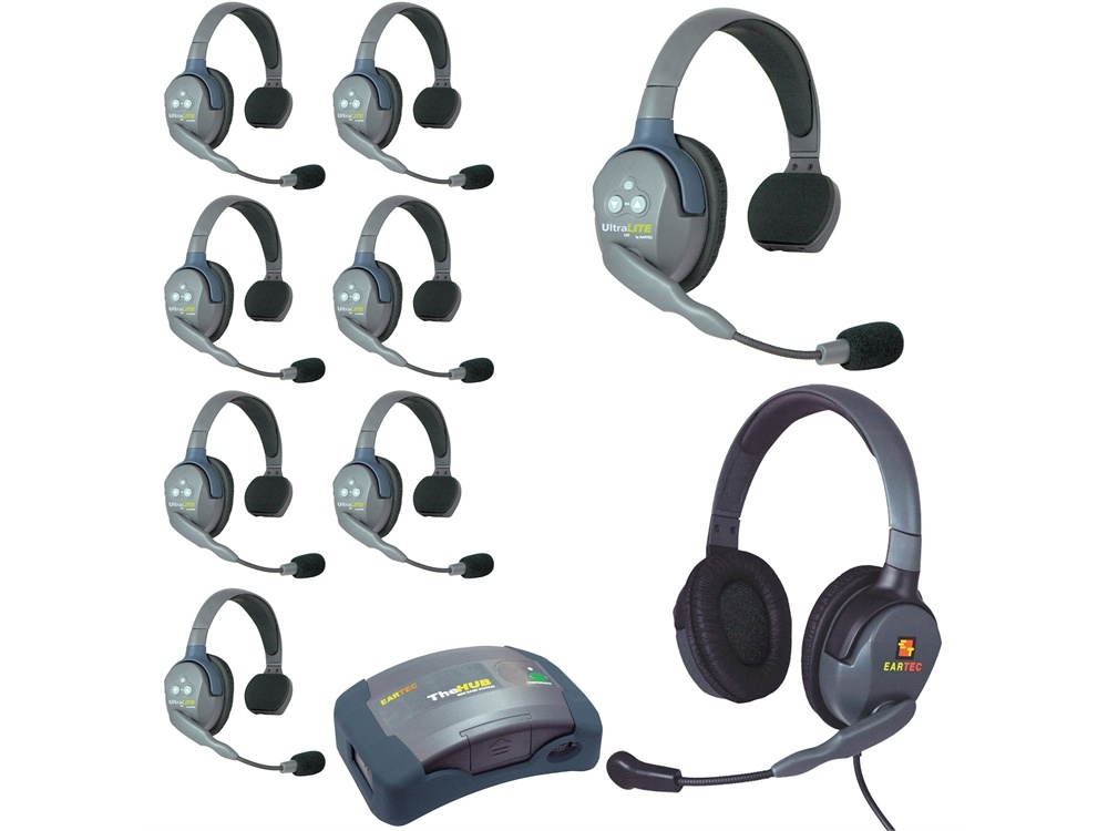 Eartec Ultralite Hub 9 Person System with 8 Single and 1 Max4G Double Headset