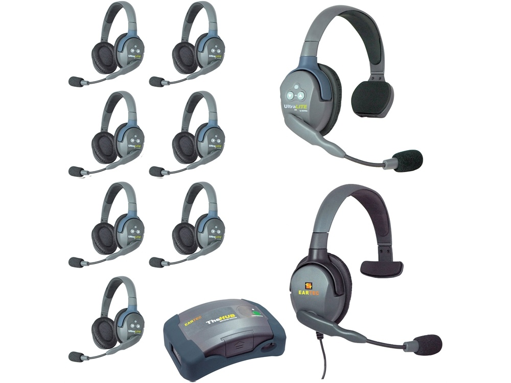 Eartec Ultralite Hub 9 Person System with 1 Single, 7 Double and 1 Max4G Single Headset
