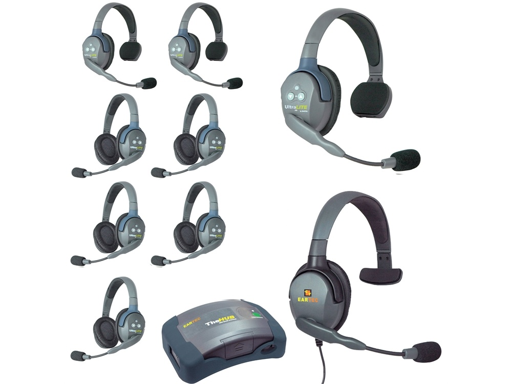 Eartec Ultralite Hub 9 Person System with 3 Single, 5 Double and 1 Max4G Single Headset