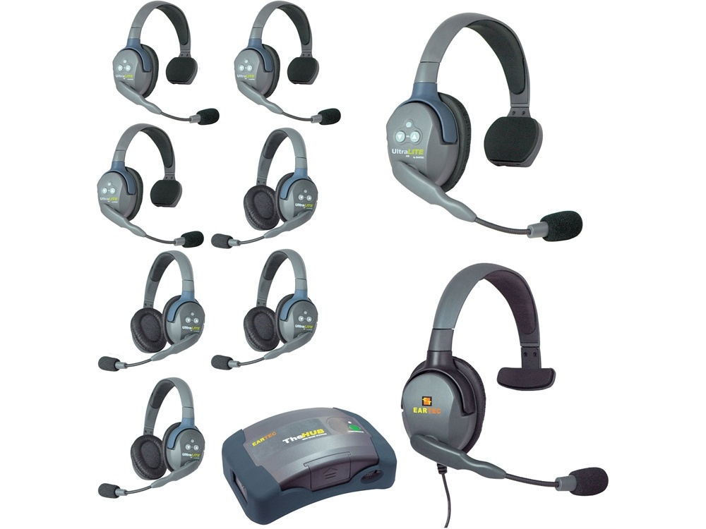 Eartec Ultralite Hub 9 Person System with 4 Single, 4 Double and 1 Max4G Single Headset