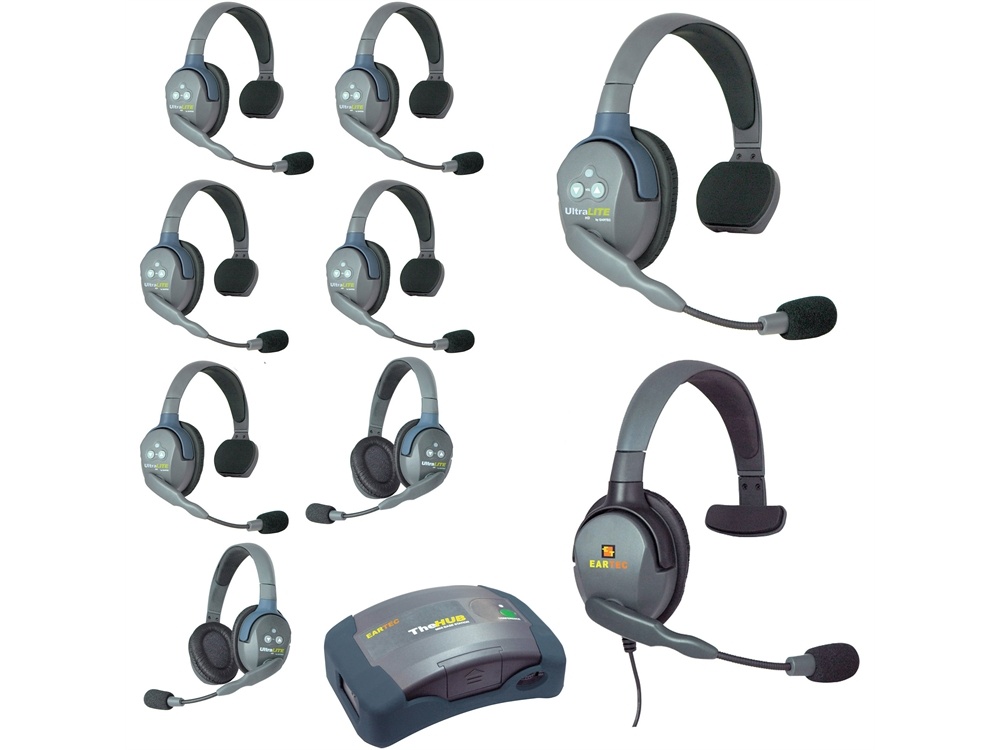 Eartec Ultralite Hub 9 Person System with 6 Single, 2 Double and 1 Max4G Single Headset