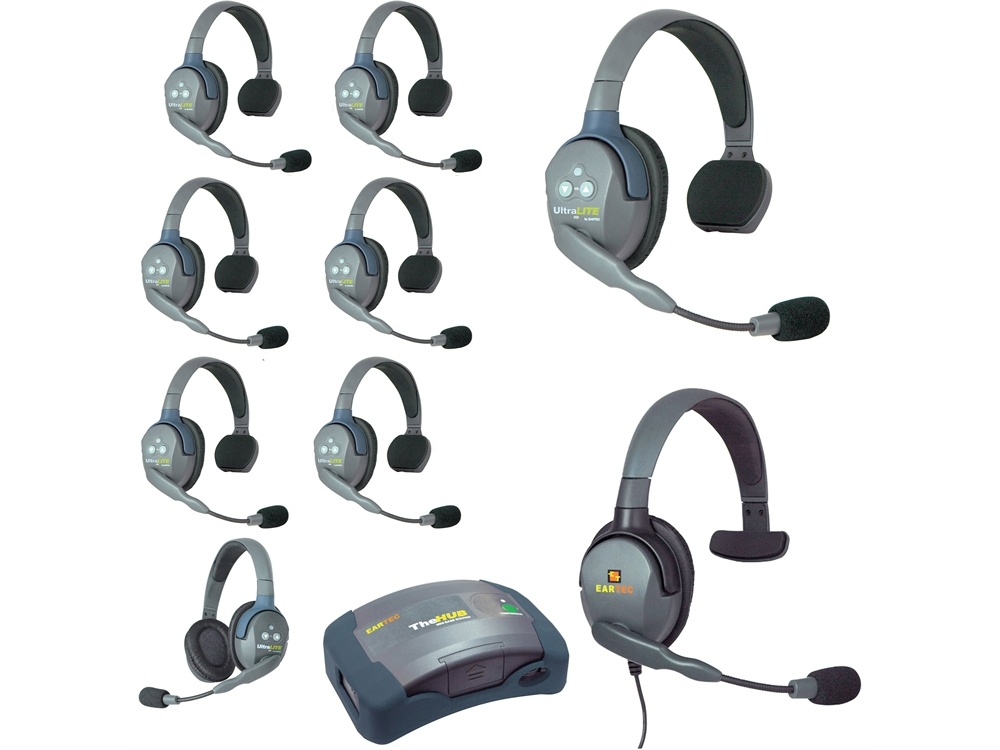Eartec Ultralite Hub 9 Person System with 7 Single, 1 Double and 1 Max4G Single Headset