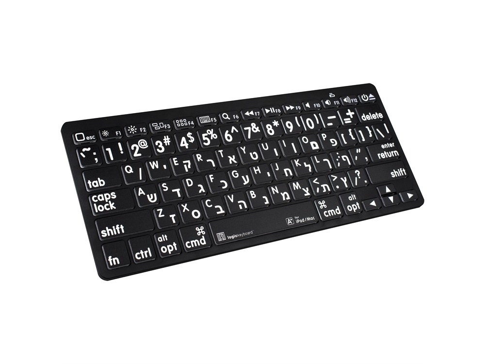 LogicKeyboard XL Print Bluetooth 3.0 Mini Keyboard (American English/Hebrew, White on Black)
