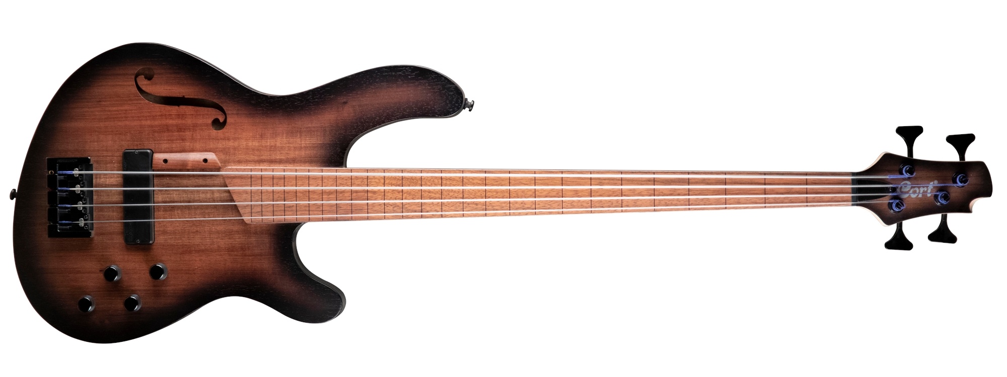 Cort B4FL MHPZ Lined Fretless Bass with Guitar Bag (Black Burst)
