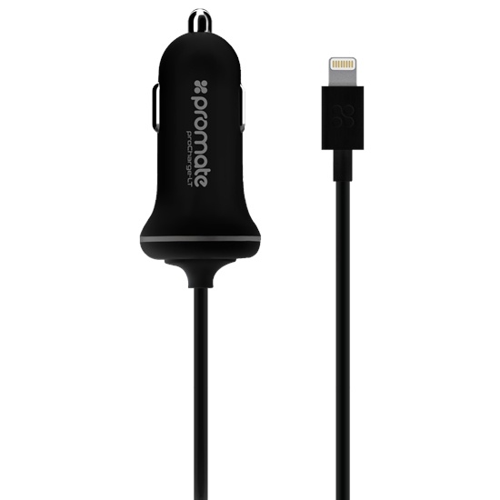 Promate 2.1A Car Charger with Lightning Connector (Black, 1.2m)