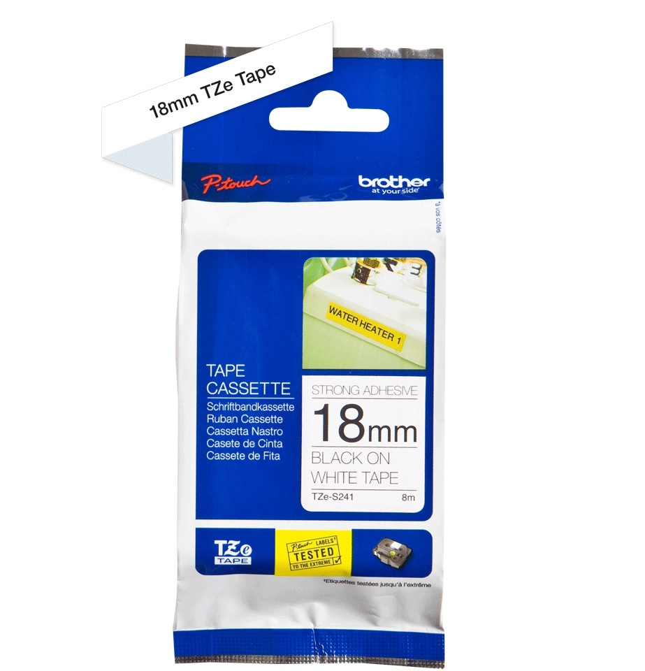 Brother TZe-S241 18mm x 8m Extra Strength Black on White Tape