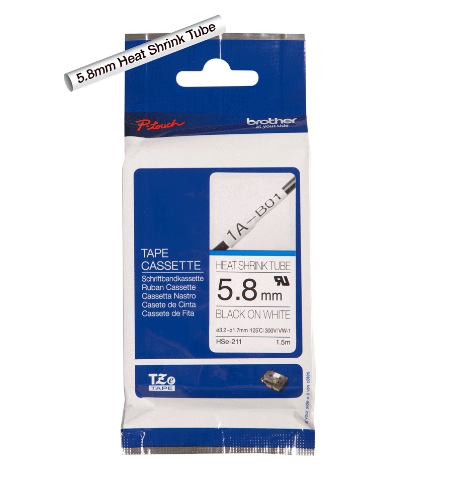 Brother HSe211 Black on White Heat Shrink Tubing (0.23" x 4.9')