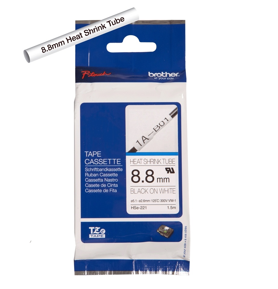 Brother HSe-221 8.8mm x 1.5m Black on White Heat Shrink Tape