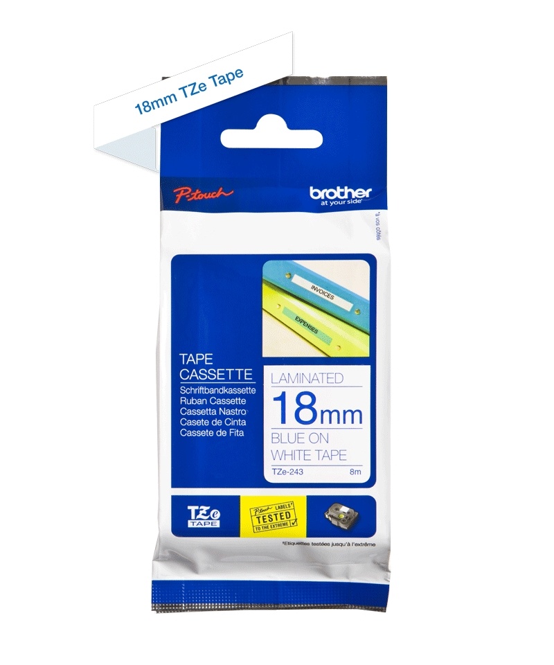 Brother TZe-243 18mm x 8m Blue on White Tape