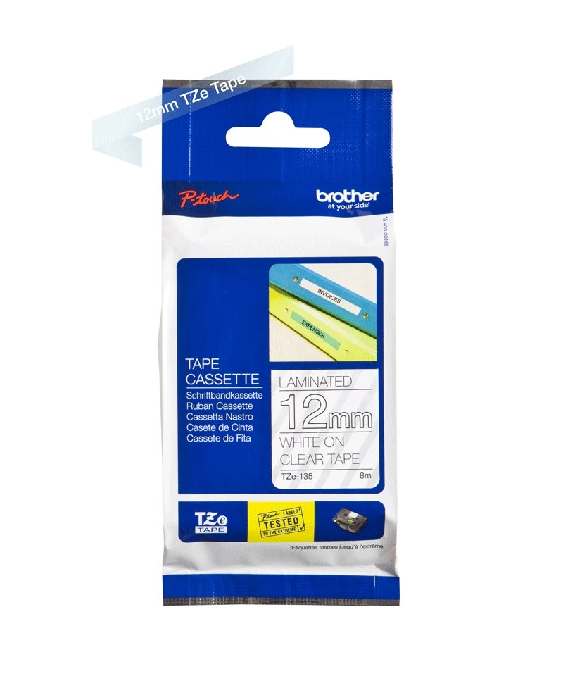 Brother TZe-135 12mm x 8m White on Clear Tape
