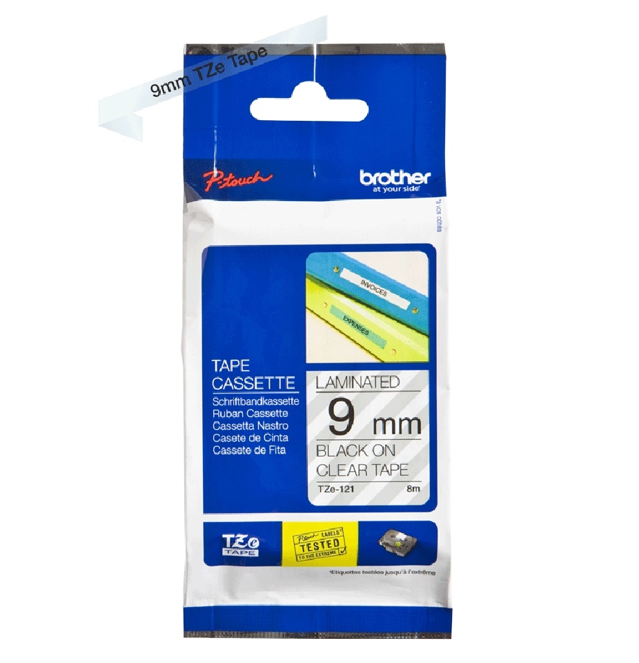 Brother TZe-121 9mm x 8m Black on Clear Tape