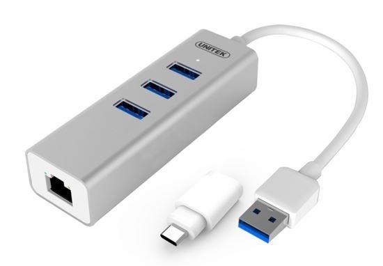 UNITEK USB 3.0 3-Port + Gigabit Ethernet Aluminium Hub (With USB Type-C Adaptor)