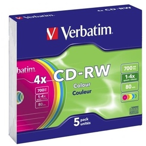 Verbatim CD-RW 700MB 2-4x Multi Colour 5 Pack with Slim Cases