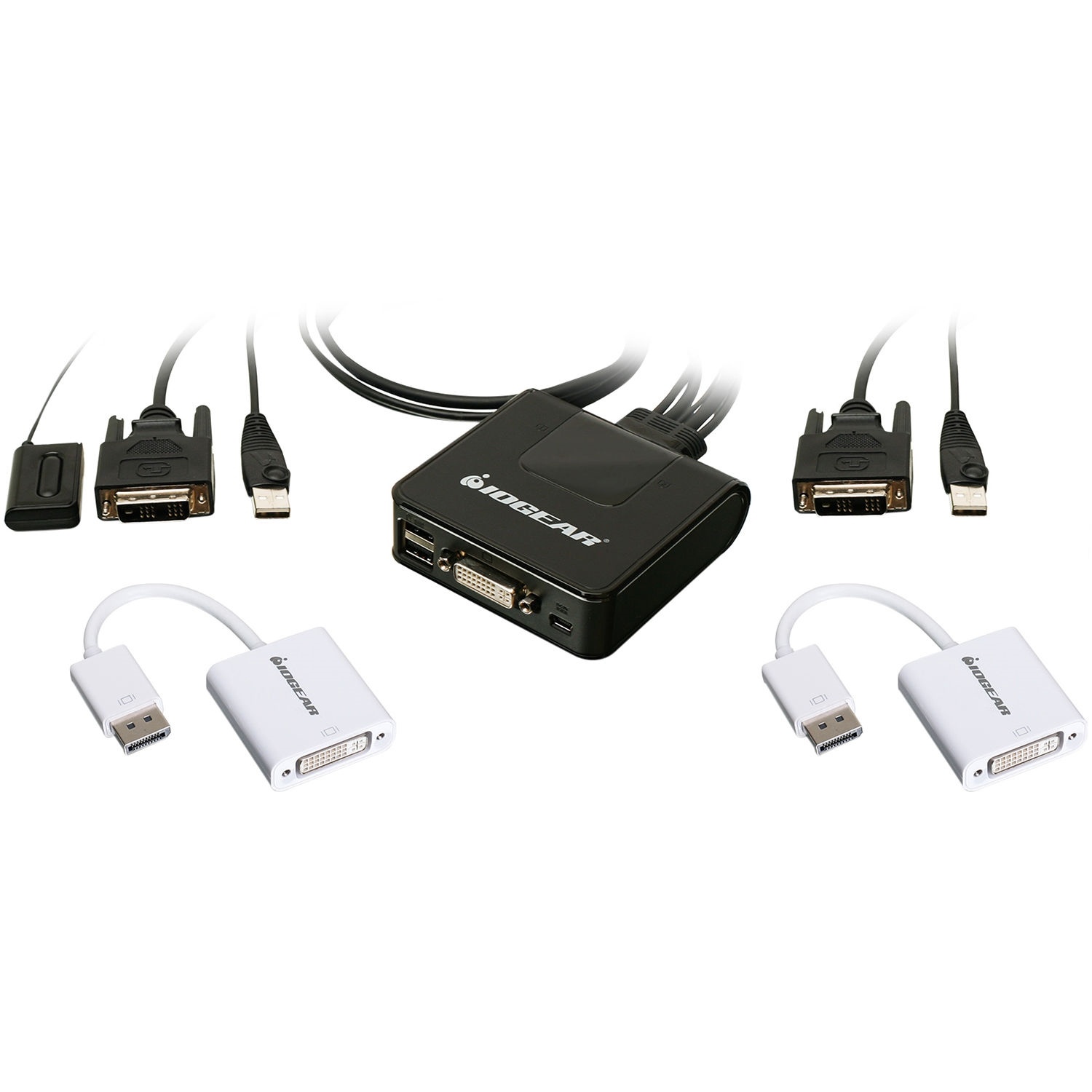 IOGEAR 2-Port USB DVI Cable KVM Switch with DisplayPort Adapters Bundle