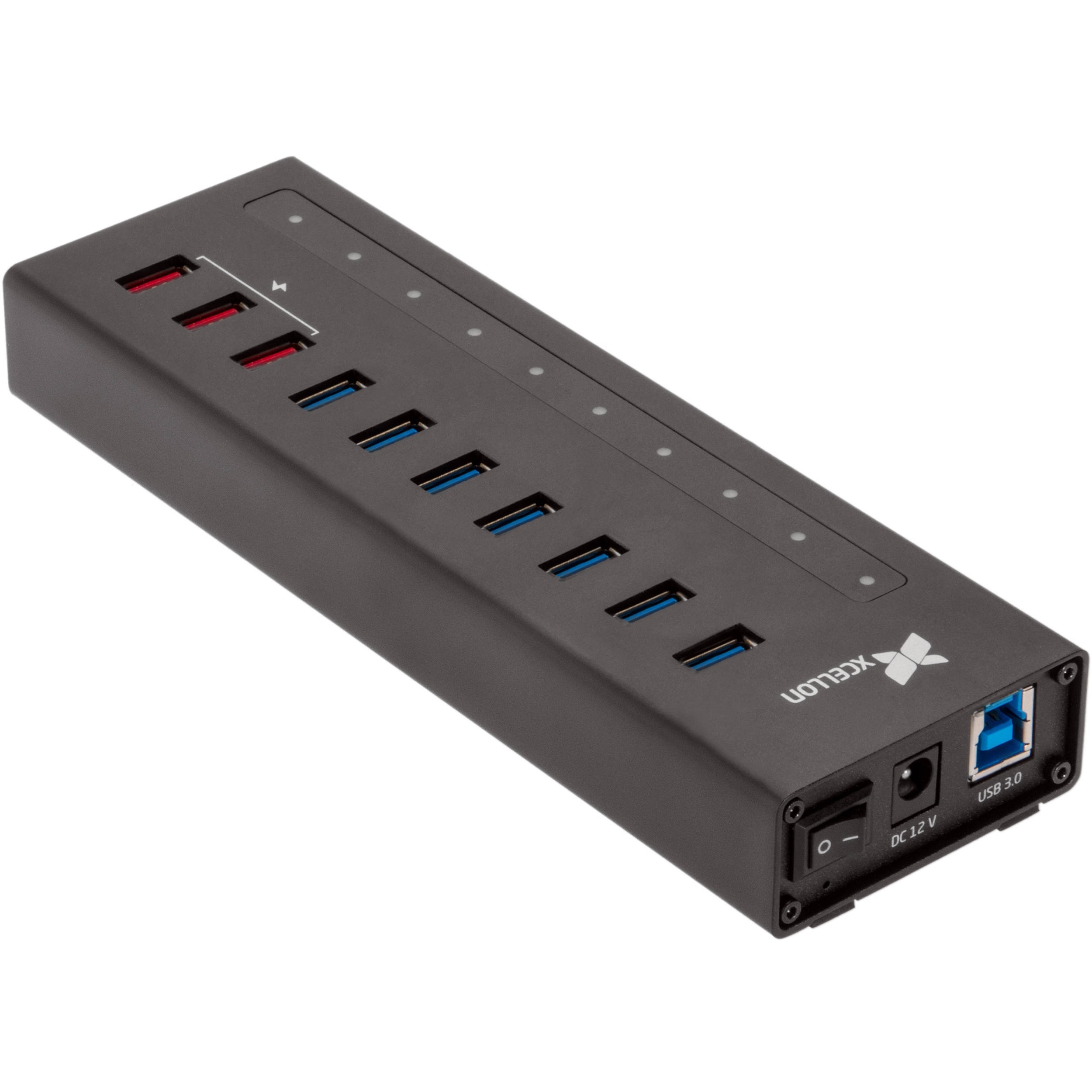 Xcellon 10-Port Powered USB 3.0 Slim Aluminum Hub with 3 Dual Data/Charging Ports