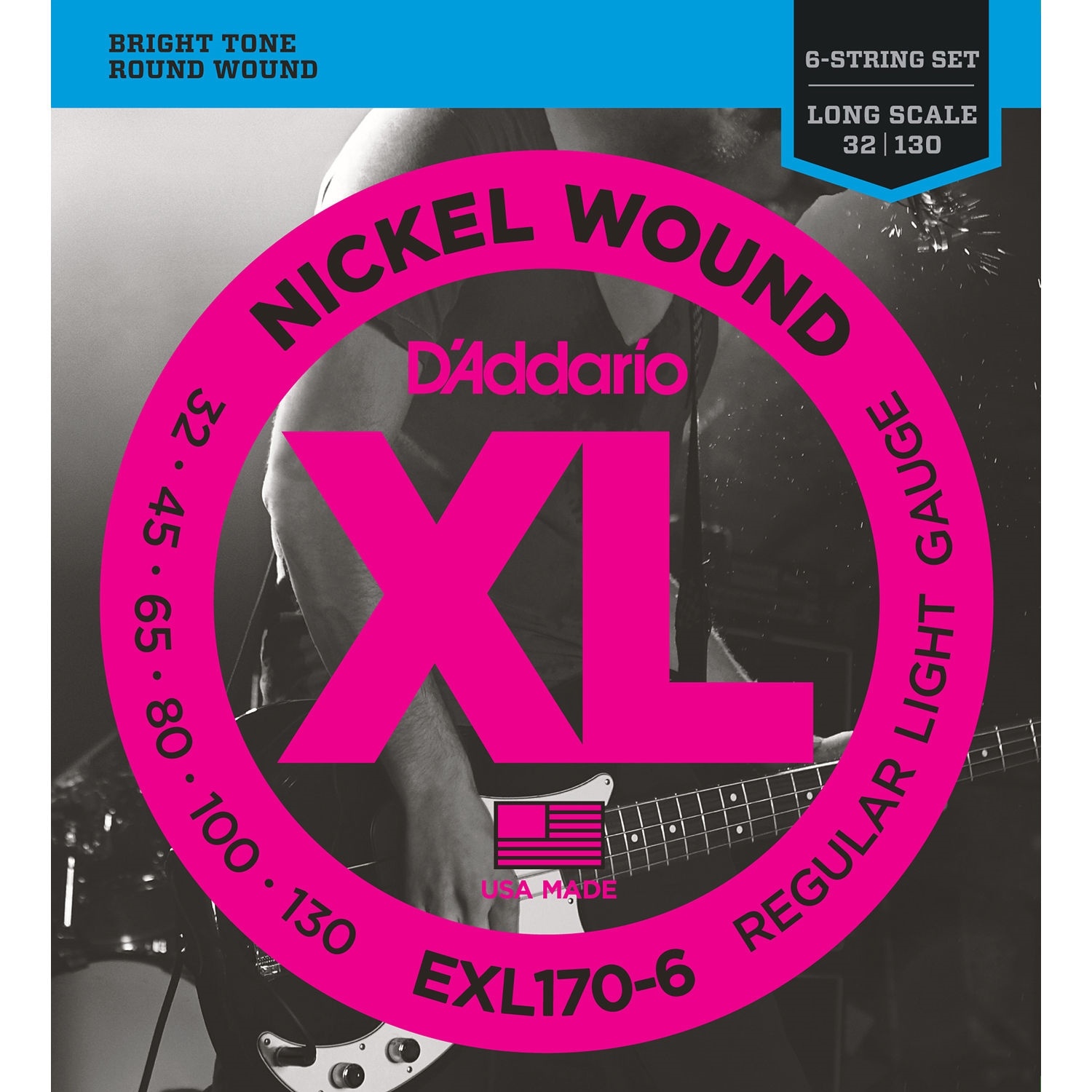 D'Addario EXL170-6 Light XL Nickel Wound Electric Bass Strings (6-String, Long Scale, 32 - 130)
