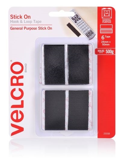 VELCRO Stick on Hook & Loop Pre-Cut Surface Tape (25mm x 50mm, 6 Pack)