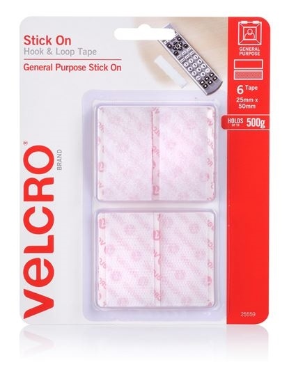 VELCRO Hook & Loop Pre-Cut Stick On Surface Tape (25mm x 50mm, 6 Pack)