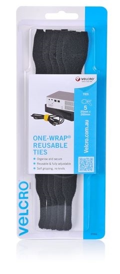 VELCRO ONE-WRAP Reusable Hook & Loop Cable Ties (25mm x 200mm, 5 Pack)