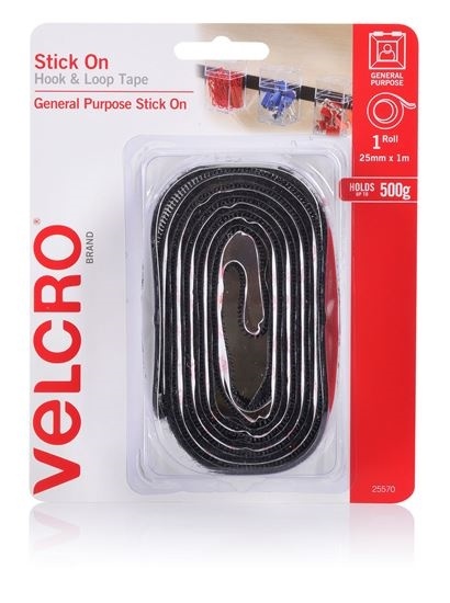 VELCRO Stick On Hook & Loop Tape (25mm x 1m, Black)