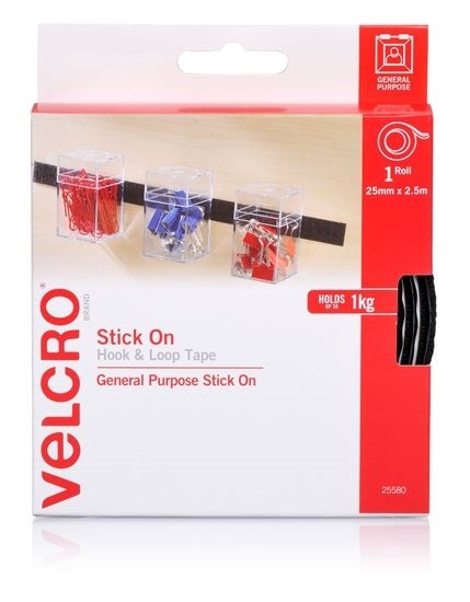 VELCRO Stick On Hook & Loop Roll/Tape (25mm x 2.5mm, Black)