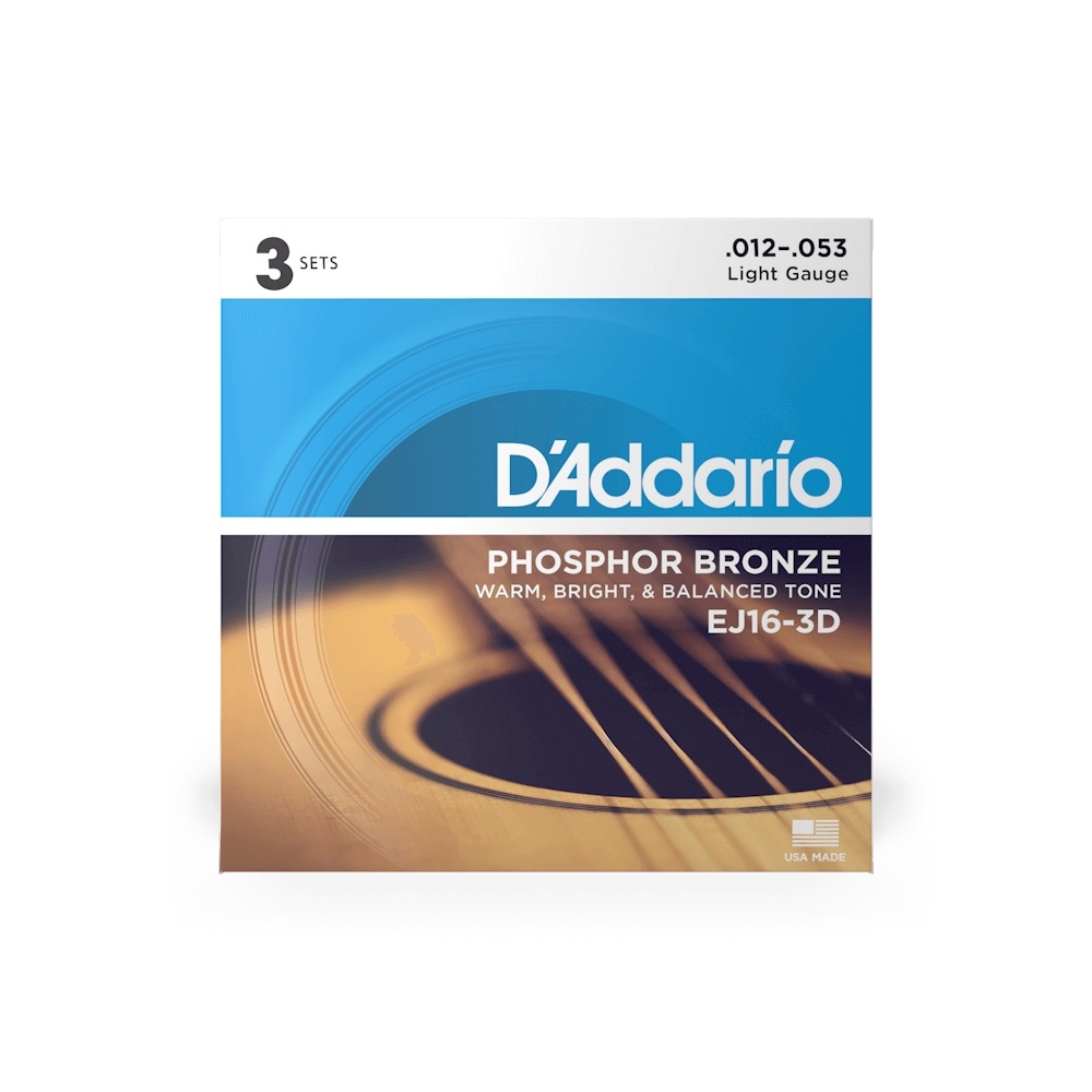 D'Addario EJ16 Phosphor Bronze Light Acoustic Strings - .012-.053 Light Gauge (3 Pack)