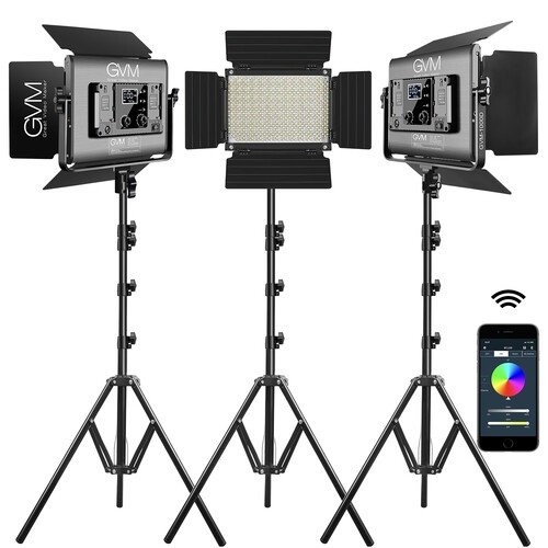 GVM 1000D RGB LED Studio Video Light Bi-Color Soft 3-Light Panel Kit