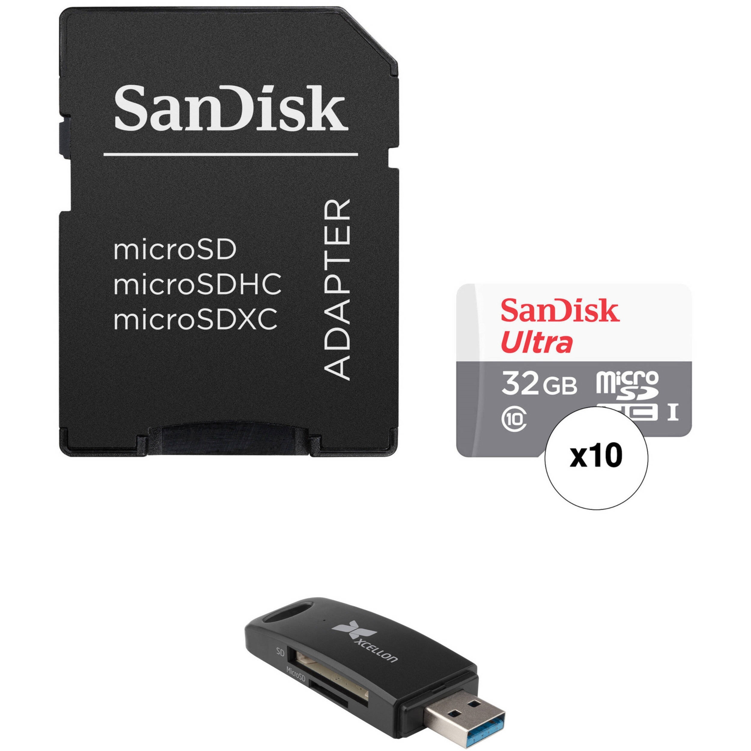 SanDisk 32GB Ultra UHS-I microSDHC Memory Card with SD Adapter (10-Pack) and USB 3.0 Card Reader
