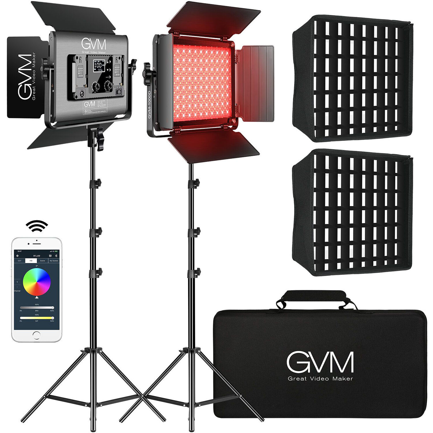 GVM RGB LED Studio Video Bi-Color Soft 1000D 2-Light Panel Kit with Softboxes