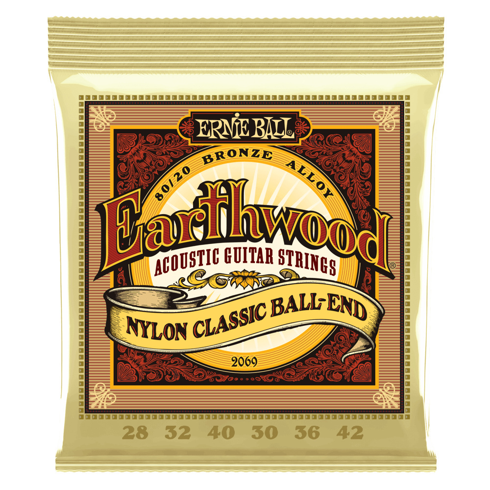 Ernie Ball Earthwood Folk Nylon, Clear & Gold Ball End, 80/20 Bronze Acoustic Guitar Strings (28-42)