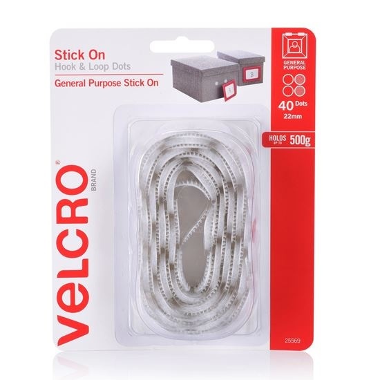 VELCRO 22mm Stick On Hook & Loop Dots (White, 40 Pack)