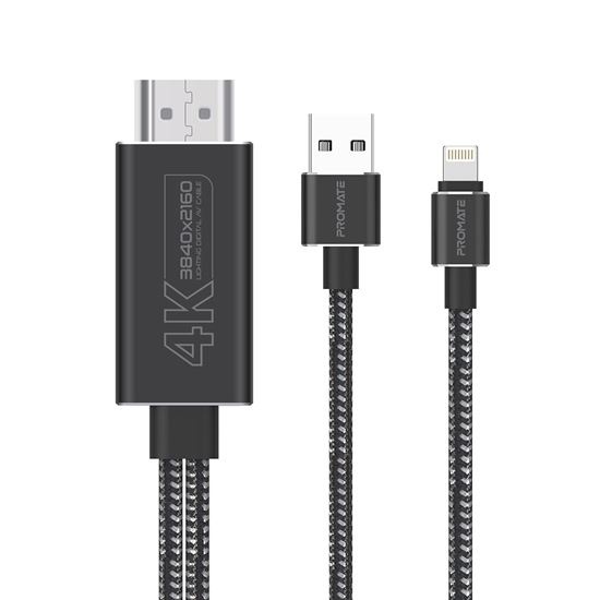 Promate 4K Lightning Connector to HDMI Cable with Charging Bridge (1.8m)