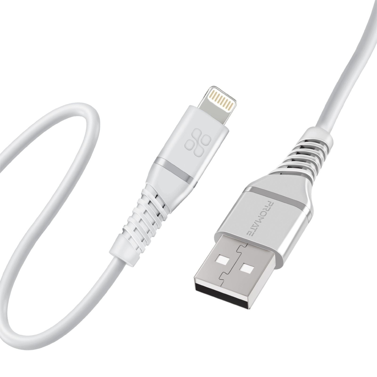 Promate PowerLine-Ai120 MFI Certified USB-A to Lightning Data/Charge Cable (White, 1.2m)