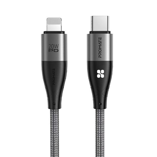 Promate iCord 20W PD USB-C to Lightning Nylon Braided Cable (Black, 1.2m)
