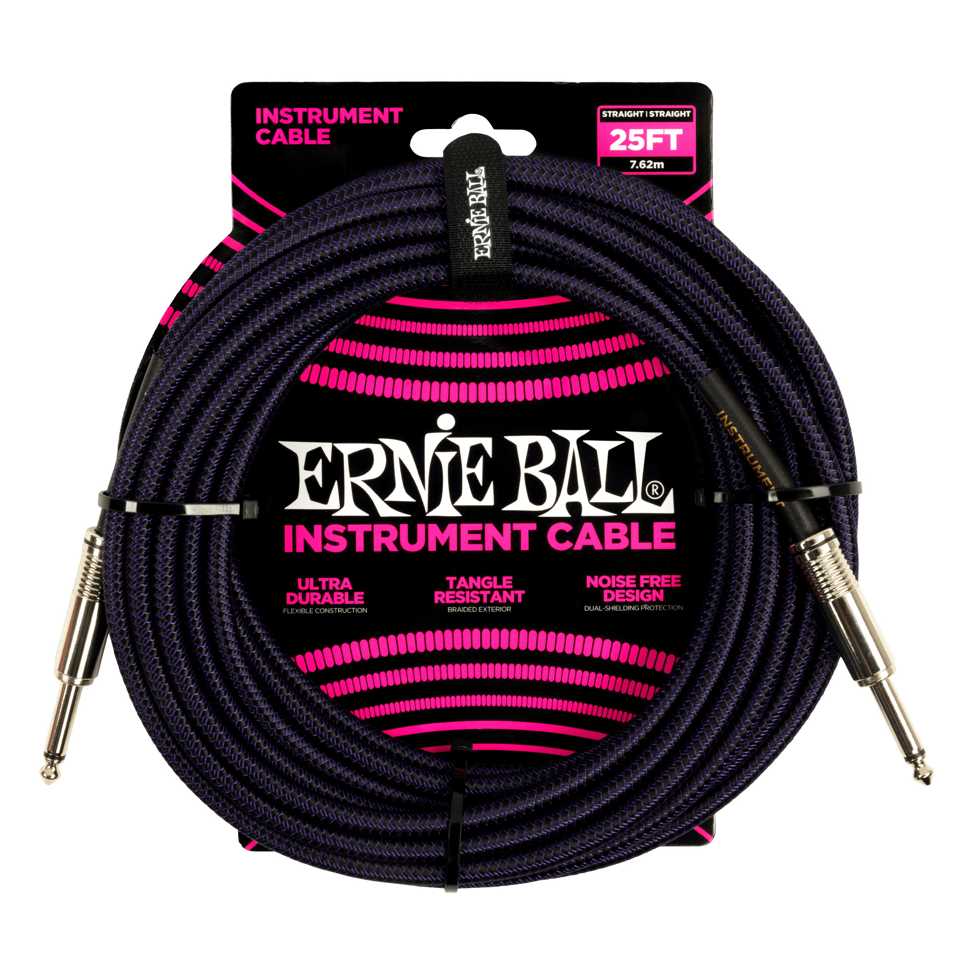 Ernie Ball 7.6m Braided Straight Straight Instrument Cable (Purple Black)