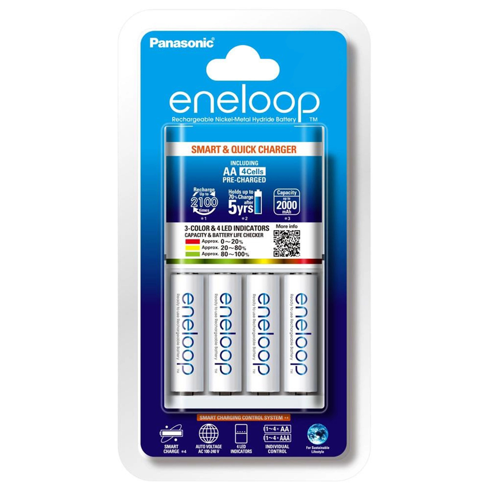 Eneloop Quick Charger + AA Rechargeable Ni-MH Batteries (2000 mAh, 4 Pack)
