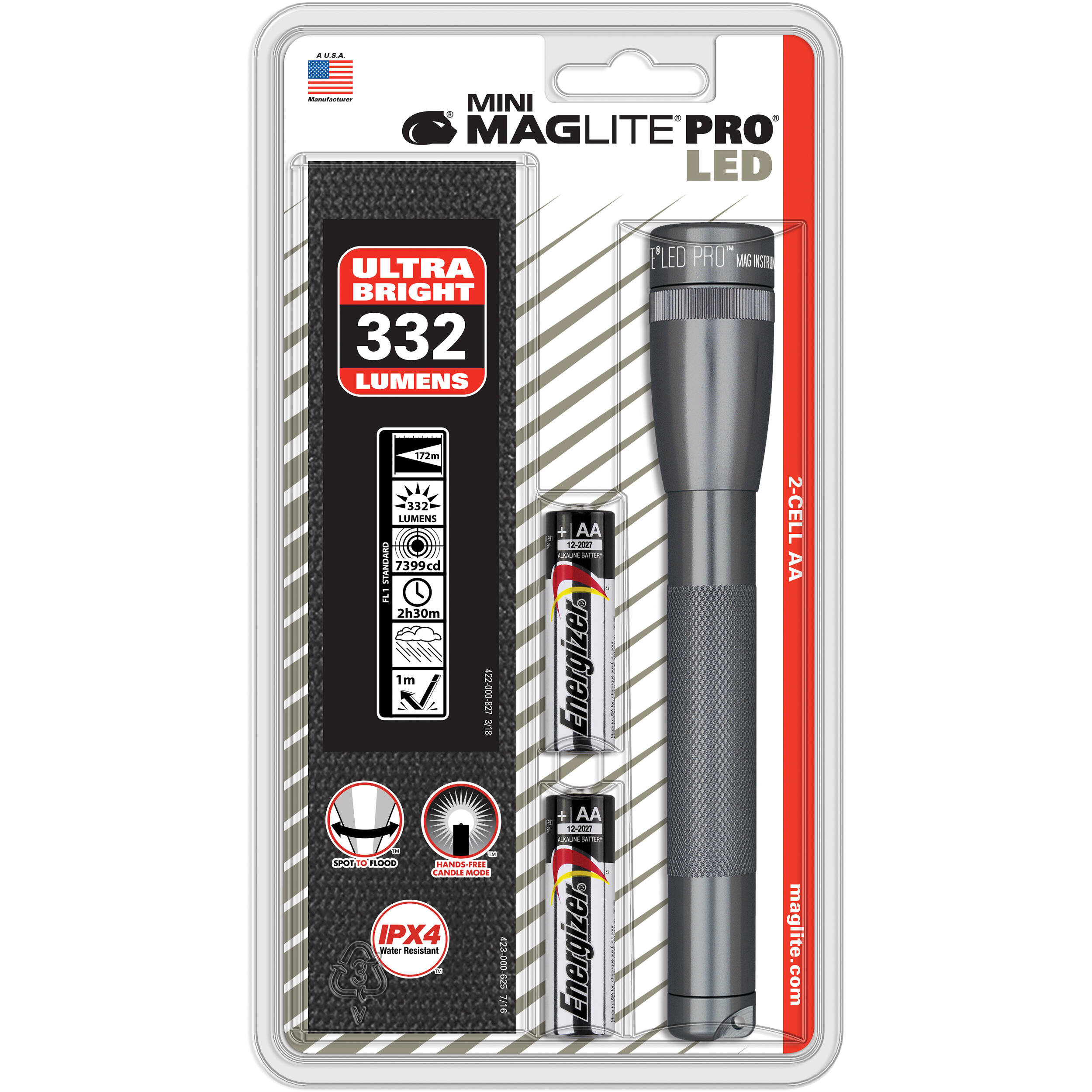 Maglite Mini Maglite Pro 2AA LED Flashlight with Holster (Gray, Clamshell Packaging)