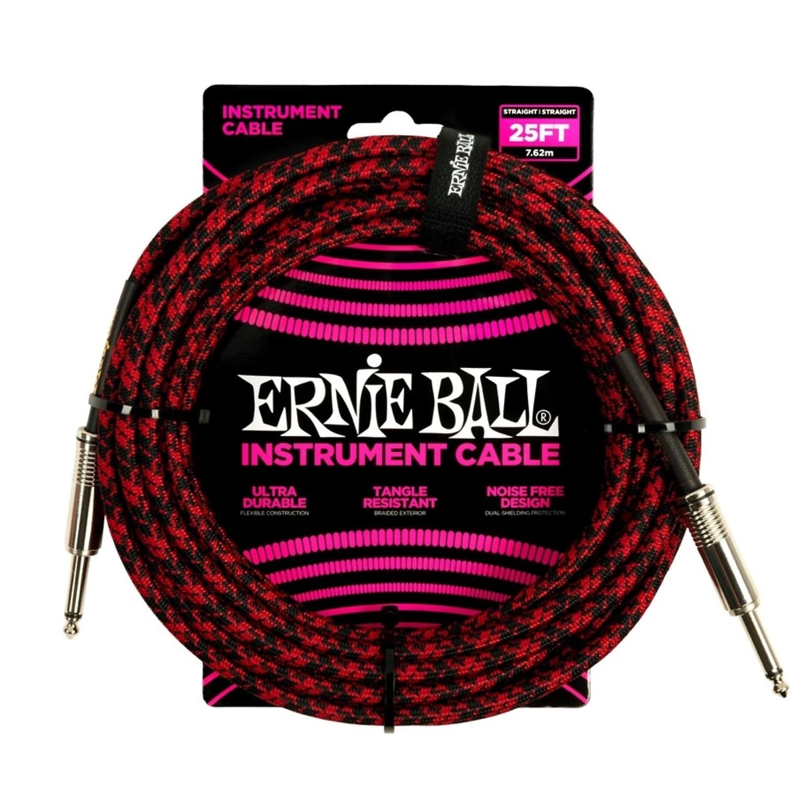 Ernie Ball 7.6m Braided Straight Straight Instrument Cable (Red Black)